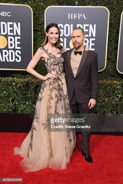 Leslie Bibb and Sam Rockwell attend the 76th Annual Golden Globe Awards at The Beverly Hilton Hotel on January 6, 2019 in Beverly Hills, California.