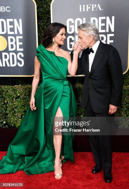Catherine Zeta-Jones and Michael Douglas attend the 76th Annual Golden Globe Awards at The Beverly Hilton Hotel on January 6, 2019 in Beverly Hills,...