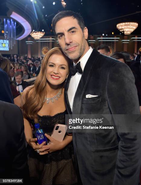 Isla Fisher and Sacha Baron Cohen attend FIJI Water at the 76th Annual Golden Globe Awards on January 6, 2019 at the Beverly Hilton in Los Angeles,...