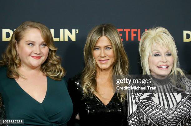 Danielle Macdonald, Jennifer Aniston and Dolly Parton attend the Los Angeles premiere of Netflix's "Dumplin'" held at TCL Chinese Theatre on December...