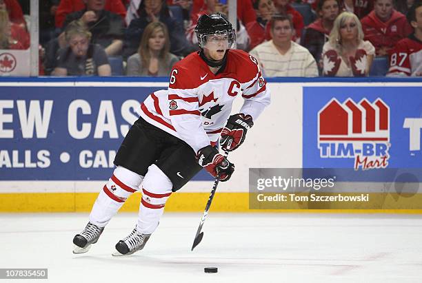 Defenseman Ryan Ellis of Canada carries the puck during the 2011 IIHF World U20 Championship game between Canada and Sweden on December 31, 2010 at...