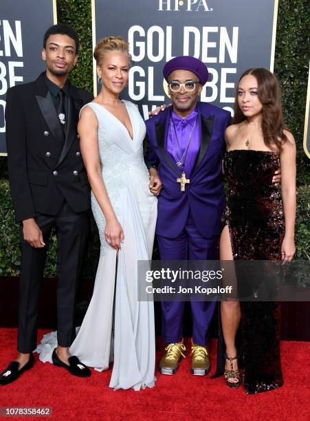 Jackson Lee, Tonya Lewis Lee, Spike Lee, and Satchel Lee attend the 76th Annual Golden Globe Awards at The Beverly Hilton Hotel on January 6, 2019 in...