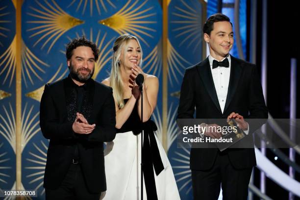 In this handout photo provided by NBCUniversal, Presenters Johnny Galecki, Kelly Cuoco and Jim Parsons speak onstage during the 76th Annual Golden...
