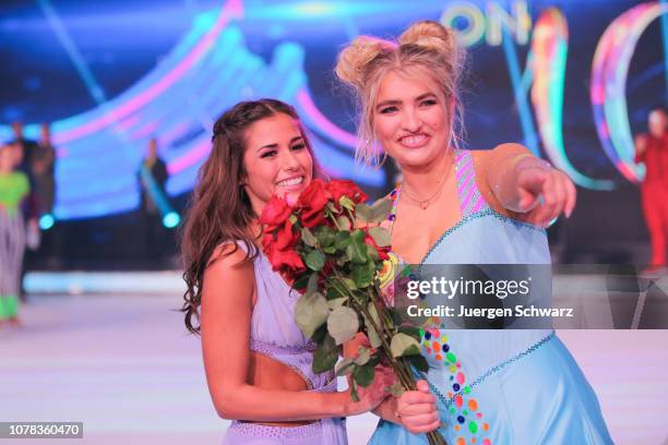 Sarah Lombardi and Sarina Nowak pose after the 1st live show of the new dance competition television series 'Dancing on Ice' at MMC Studios on...