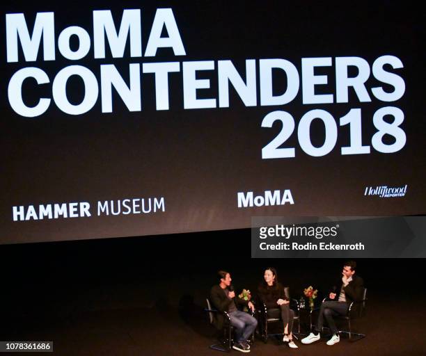 Directors Jimmy Chin and Elizabeth Chai Vasarhelyi speak onstage with The Celeste Bartos Chief Curator of Film for The Museum of Modern Art, Rajendra...