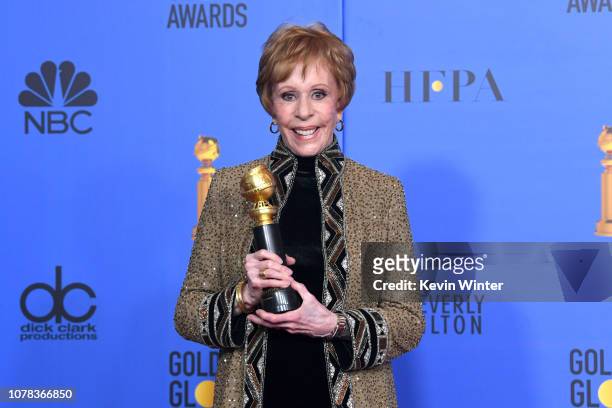 First-ever Golden Globe television special achievement award, named after her, recipient actress Carol Burnett poses in the press room during the...