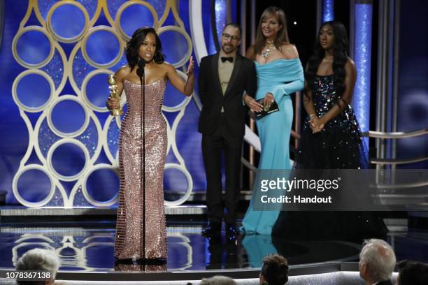 In this handout photo provided by NBCUniversal, Regina King from “If Beale Street Could Talk” accepts the Best Actress in a Supporting Role in any...