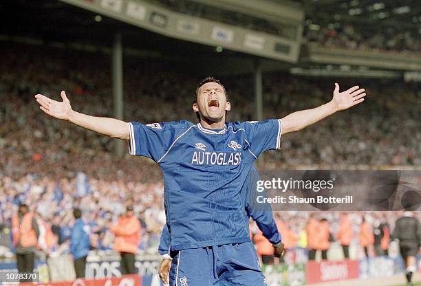 Gustavo Poyet celebrates for Chelsea during the AXA sponsored FA Cup Semi Final against Newcastle United played at Wembley Stadium in London. Chelsea...