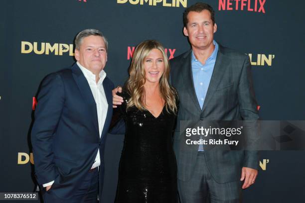 Ted Sarandos, Jennifer Aniston and Scott Stuber attend the premiere of Netflix's 'Dumplin'' at TCL Chinese 6 Theatres on December 06, 2018 in...