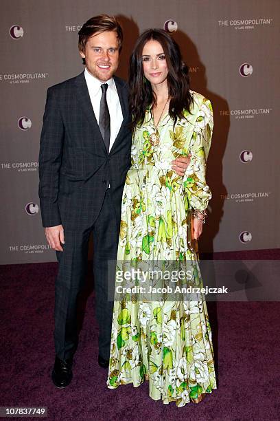 Andrew Pruett and actress Abigail Spencer arrive at The Cosmopolitan Grand Opening and New Year's Eve Celebration with Jay-Z and Coldplay at Marquee...