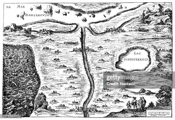 illustrazioni stock, clip art, cartoni animati e icone di tendenza di carte du tendre: mappa immaginaria di un personaggio nel romanzo 'clélie' (1661) di mademoiselle de scudery, 1654. utilizzare fiumi, mari e città per simboleggiare l'evoluzione dell'amore - carta de amor