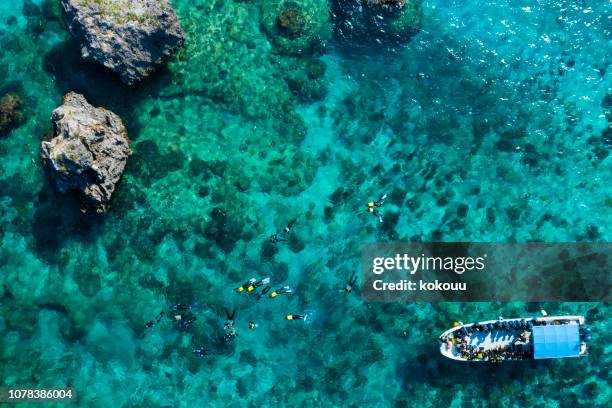 fotografía aérea de la mar y buzos. - prefectura de okinawa fotografías e imágenes de stock