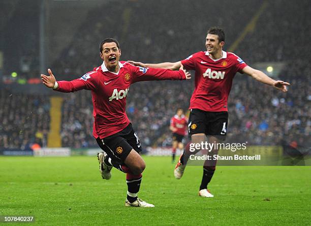 Javier Hernandez of Manchester United celebrates after scoring the winning goal during the Barclays Premier League match between West Bromwich Albion...