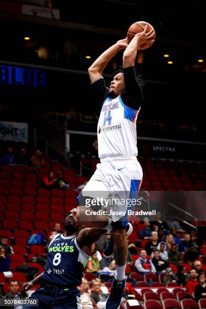 McDaniels of the Oklahoma City Blue soars in for a dunk against Darius Johnson-Odom of the Iowa Wolves in an NBA G-League game on January 6, 2019 at...