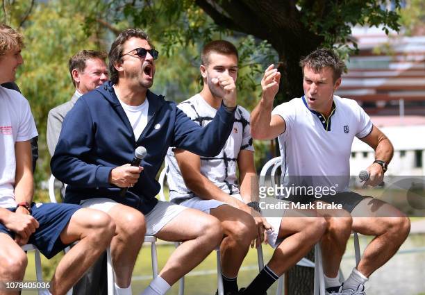 World Tennis Challenge players Media Call near the Adelaide Riverbank Footbridge Henri Leconte and Pat Cash fire up speaking to media before day one...