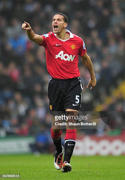 Rio Ferdinand of Manchester United shouts instructions during the Barclays Premier League match between West Bromwich Albion and Manchester United at...