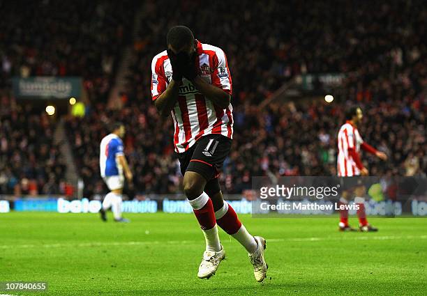 Darren Bent of Sunderland celebrates his goal during the Barclays Premier League match between Sunderland and Blackburn Rovers at the Stadium of...