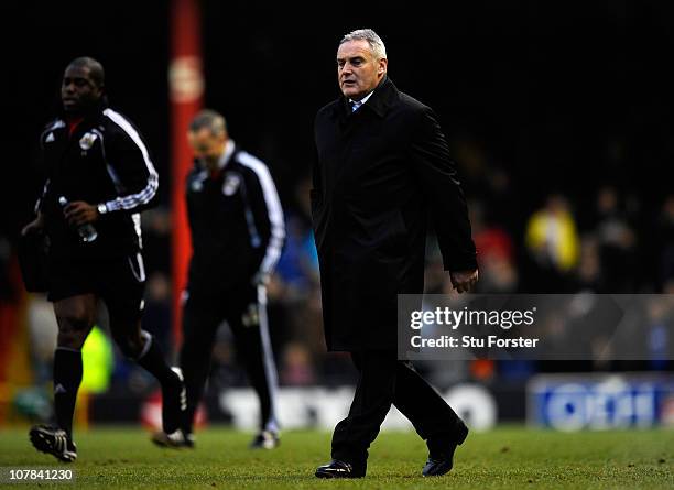 Cardiff City manager Dave Jones leaves the field at half time during the npower Championship match between Bristol City and Cardiff City at Ashton...