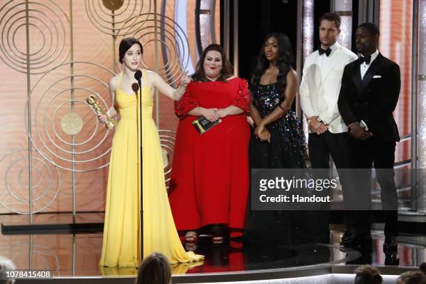 In this handout photo provided by NBCUniversal, Rachel Brosnahan from “The Marvelous Mrs. Maisel” accepts the Best Performance by an Actress in a...