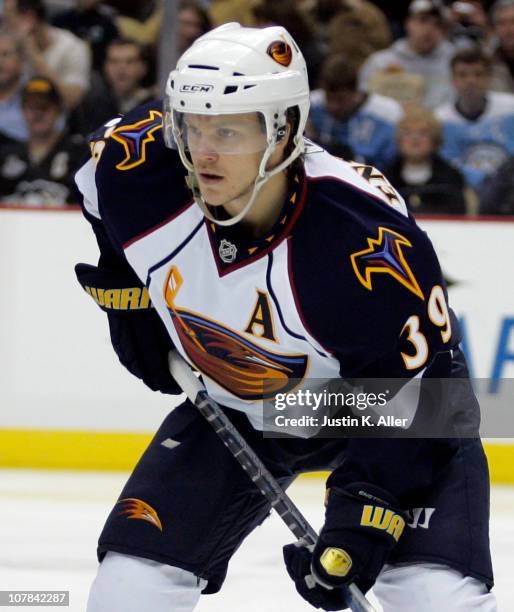 Tobias Enstrom of the Atlanta Thrashers skates against the Pittsburgh Penguins at Consol Energy Center on December 28, 2010 in Pittsburgh,...