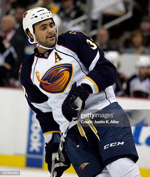 Dustin Byfuglien of the Atlanta Thrashers skates against the Pittsburgh Penguins at Consol Energy Center on December 28, 2010 in Pittsburgh,...