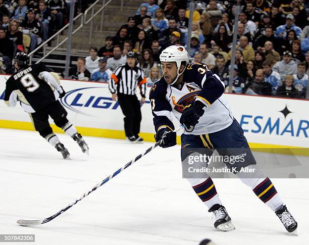 Dustin Byfuglien of the Atlanta Thrashers skates against the Pittsburgh Penguins at Consol Energy Center on December 28, 2010 in Pittsburgh,...