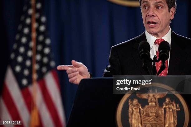 Governor Andrew M. Cuomo speaks at his inauguration in the War Room at the state Capitol on January 1, 2011 in Albany, New York. In attendance were...