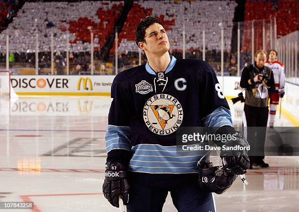Sidney Crosby of the Pittsburgh Penguins looks on prior to his game against the Washington Capitals during the 2011 NHL Bridgestone Winter Classic at...