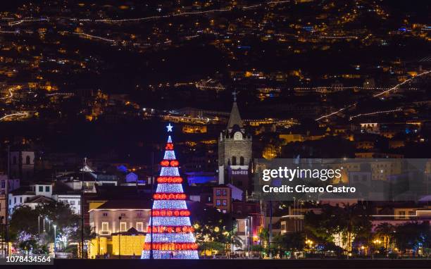 christmas lights decoration over funchal city. - madeira christmas stock pictures, royalty-free photos & images