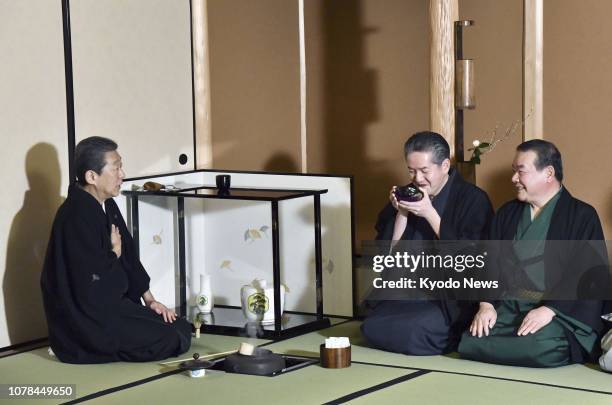 Grand tea master Sen Soshitsu XVI hosts a New Year tea ceremony at the Urasenke school's Konnichian tearoom in Kyoto, western Japan, on Jan. 7, 2019....