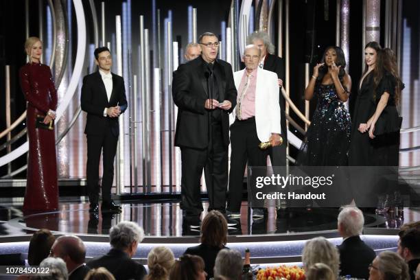 In this handout photo provided by NBCUniversal, Jim Beach accepts the Best Motion Picture – Drama award for “Bohemian Rhapsody” speak onstage during...