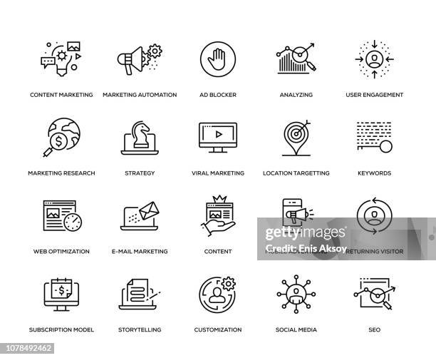 ilustraciones, imágenes clip art, dibujos animados e iconos de stock de conjunto de iconos de marketing digital - visita