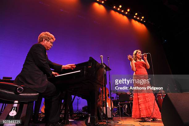 Thomas Lauderdale and China Forbes of Pink Martini perform on stage during the New Years Eve celebrations at Arlene Schnitzer Concert Hall on...