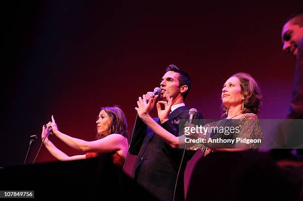China Forbes of Pink Martini , Ari Shapiro and Cantor Ida Rae Cahana perform on stage during the New Years Eve celebrations at Arlene Schnitzer...