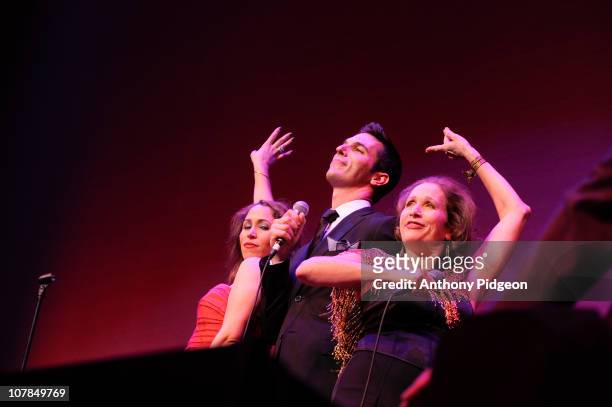China Forbes of Pink Martini , Ari Shapiro and Cantor Ida Rae Cahana perform on stage during the New Years Eve celebrations at Arlene Schnitzer...