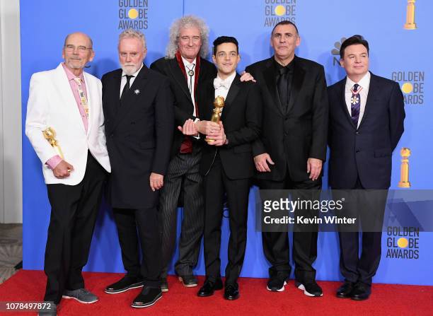Jim Beach, Roger Taylor and Brian May of Queen, Best Actor in a Motion Picture Drama for 'Bohemian Rhapsody' winner Rami Malek,Producer Graham King,...