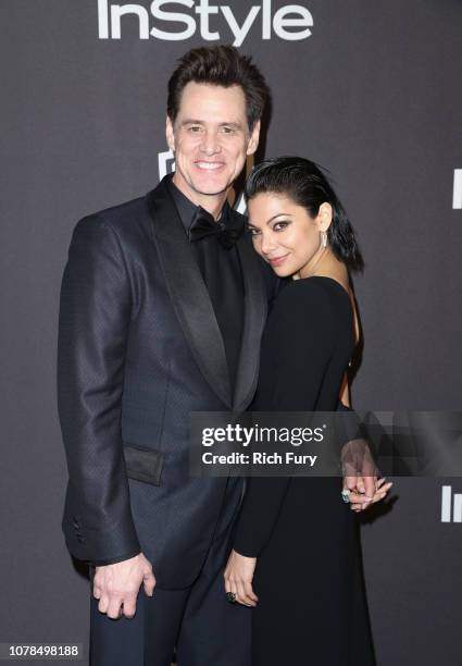 Jim Carrey and Ginger Gonzaga attend the InStyle And Warner Bros. Golden Globes After Party 2019 at The Beverly Hilton Hotel on January 6, 2019 in...