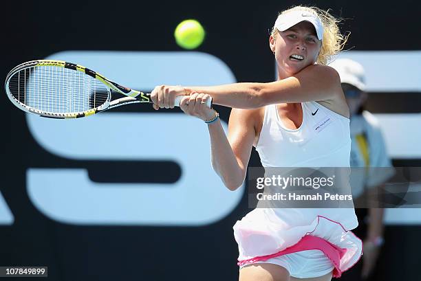 Sacha Jones of New Zealand plays a backhand during her match against Svetlana Kuznetsova of Russia during day one of the ASB Classic at ASB Tennis...