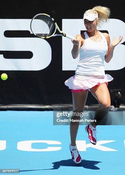 Sacha Jones of New Zealand plays a forehand during her match against Svetlana Kuznetsova of Russia during day one of the ASB Classic at ASB Tennis...