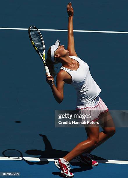 Sacha Jones of New Zealand serves during her match against Svetlana Kuznetsova of Russia during day one of the ASB Classic at ASB Tennis Centre on...