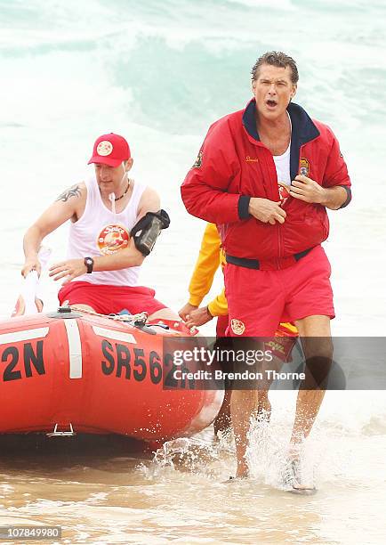 Star of Baywatch David Hasselhoff patrols the beach to promote the new "Splice Real Fruit" ice block at Bondi Beach on January 3, 2011 in Sydney,...