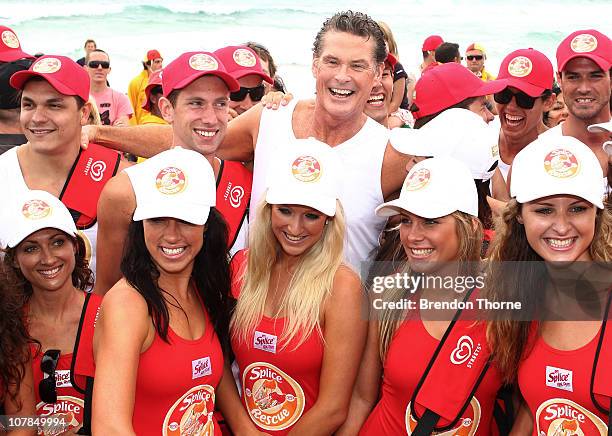 Star of Baywatch David Hasselhoff patrols the beach to promote the new "Splice Real Fruit" ice block at Bondi Beach on January 3, 2011 in Sydney,...