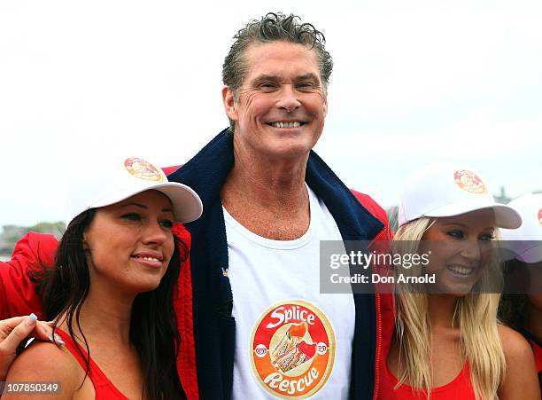 Star of Baywatch David Hasselhoff patrols the beach to promote the new "Splice Real Fruit" ice block at Bondi Beach on January 3, 2011 in Sydney,...