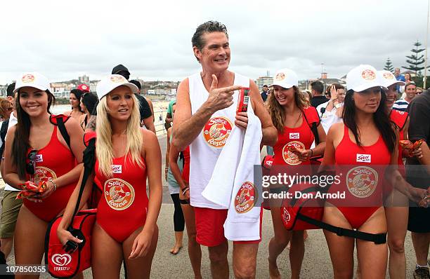 Star of Baywatch David Hasselhoff patrols the beach to promote the new "Splice Real Fruit" ice block at Bondi Beach on January 3, 2011 in Sydney,...