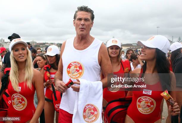 Star of Baywatch David Hasselhoff patrols the beach to promote the new "Splice Real Fruit" ice block at Bondi Beach on January 3, 2011 in Sydney,...