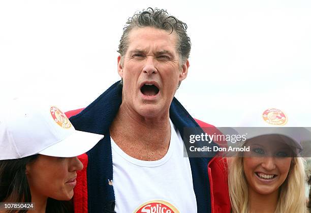 Star of Baywatch David Hasselhoff patrols the beach to promote the new "Splice Real Fruit" ice block at Bondi Beach on January 3, 2011 in Sydney,...