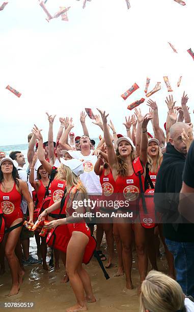 Star of Baywatch David Hasselhoff patrols the beach to promote the new "Splice Real Fruit" ice block at Bondi Beach on January 3, 2011 in Sydney,...