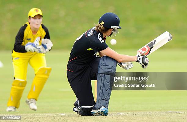 Beth Morgan of England bats during the Limited Overs Women's match between Western Australia and England at Floreat Oval on January 3, 2011 in Perth,...