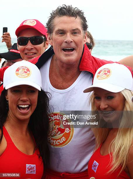 Star of Baywatch David Hasselhoff patrols the beach to promote the new "Splice Real Fruit" ice block at Bondi Beach on January 3, 2011 in Sydney,...