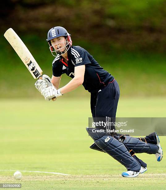 Beth Morgan of England bats during the Limited Overs Women's match between Western Australia and England at Floreat Oval on January 3, 2011 in Perth,...